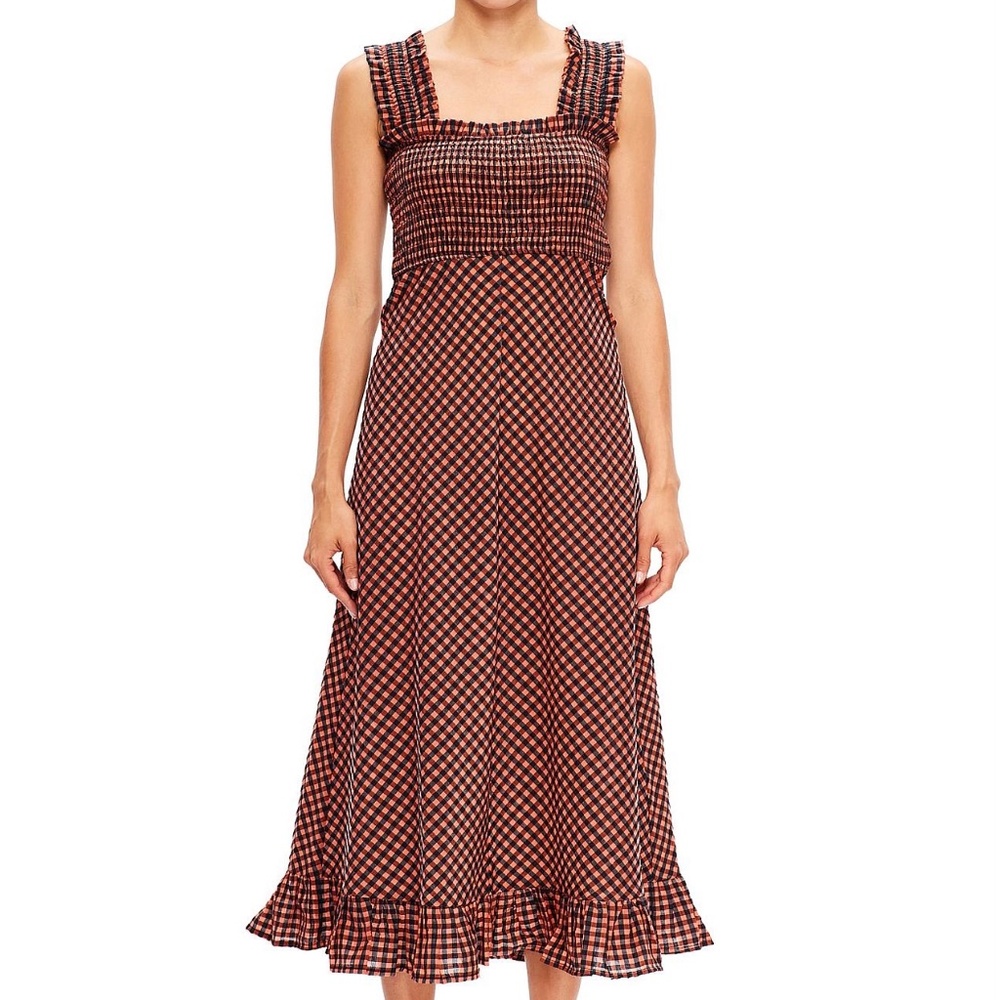 GANNI Seersucker Gingham Smocked Maxi Dress Rust Black 38 - Picture 5 of 9